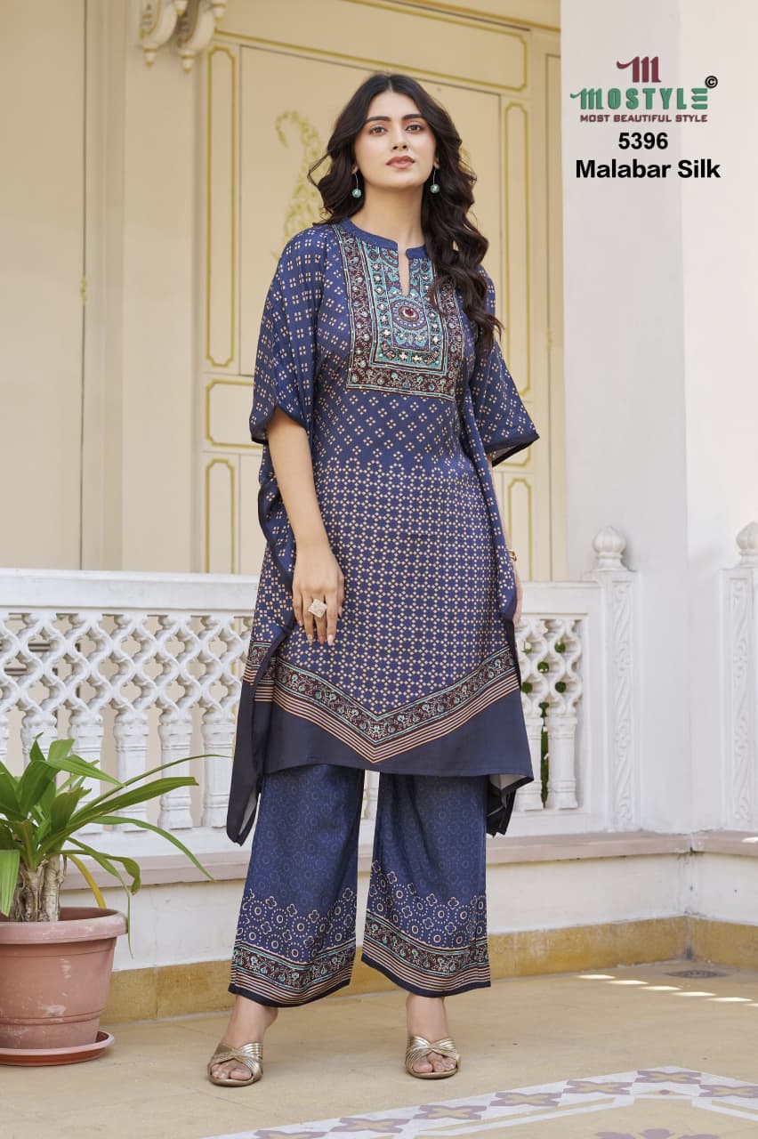 Navy Blue Malabar Silk Kurti Palazzo Set