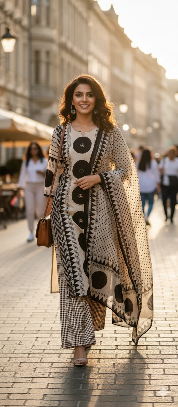 Beige & Black Ethnic Print Cotton Kurta Set with Dupatta