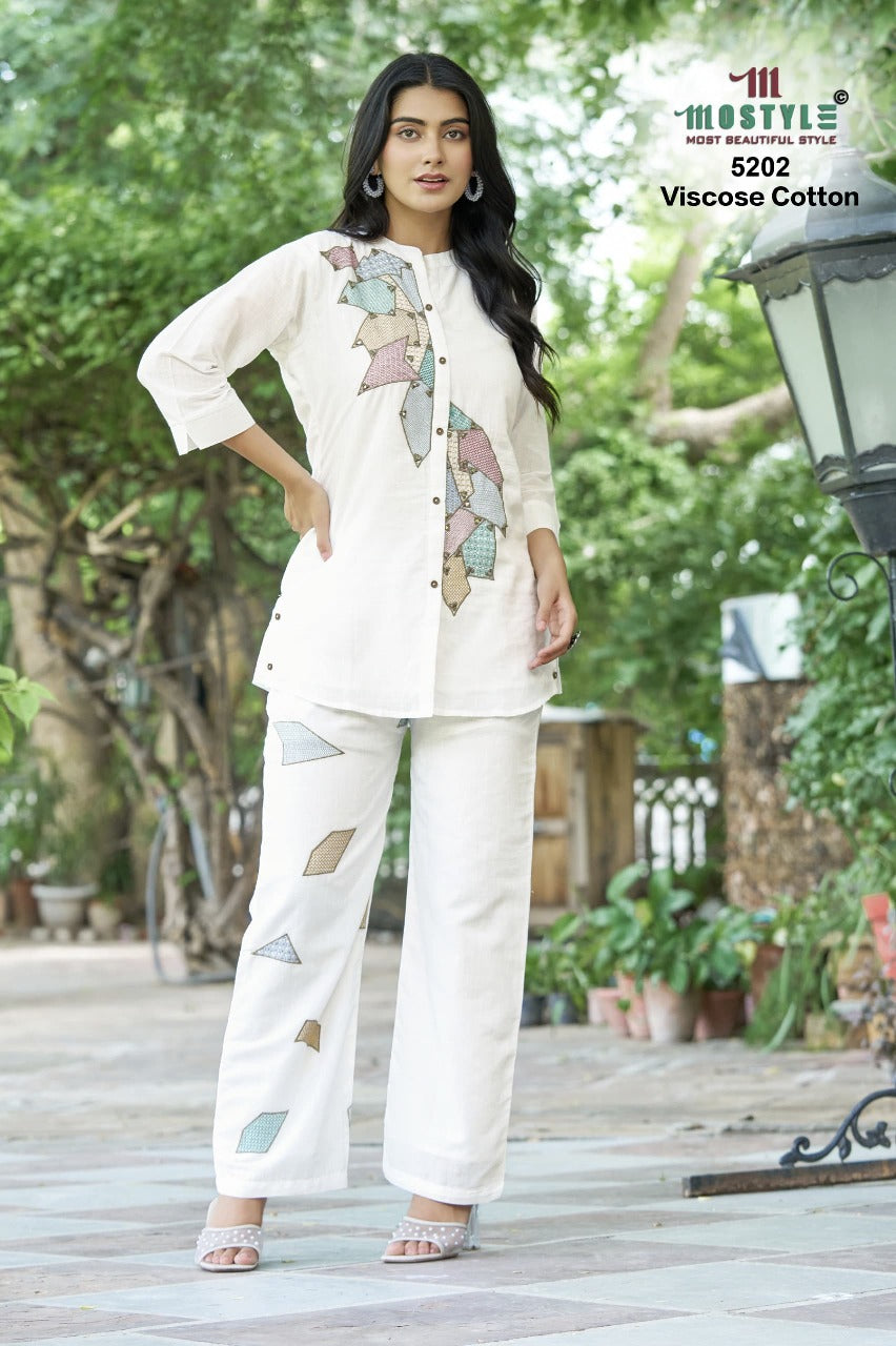 Viscose Cotton Applique Shirt Pant Set – Off White