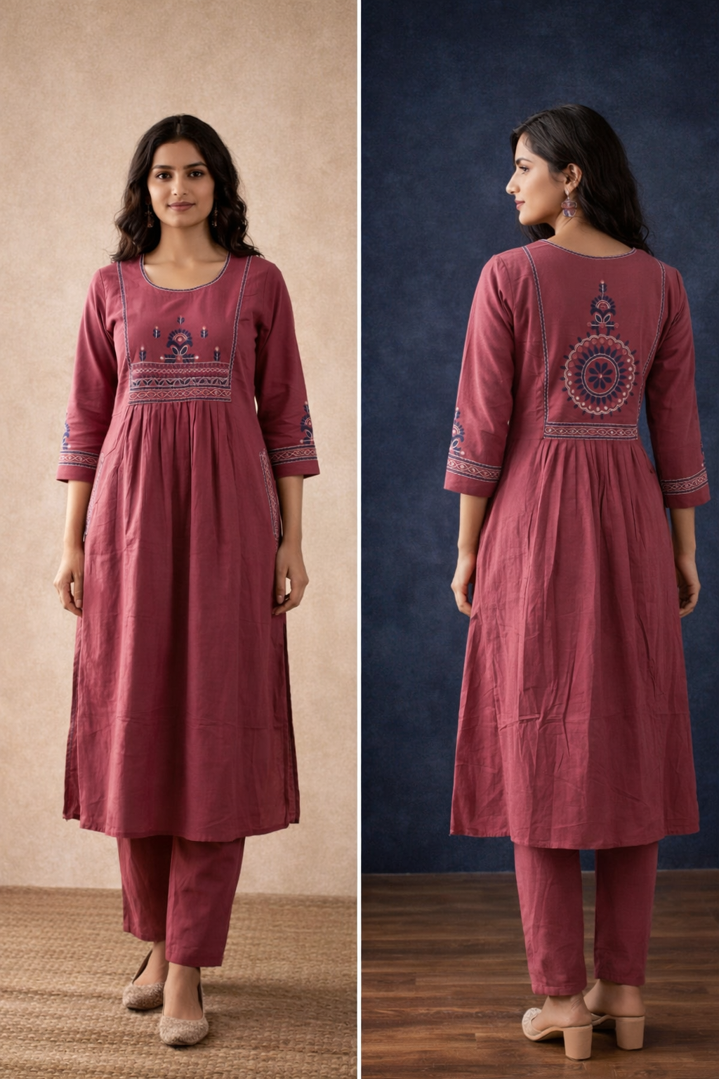 Rose Pink Cotton Flex Embroidered A-Line Kurta Set