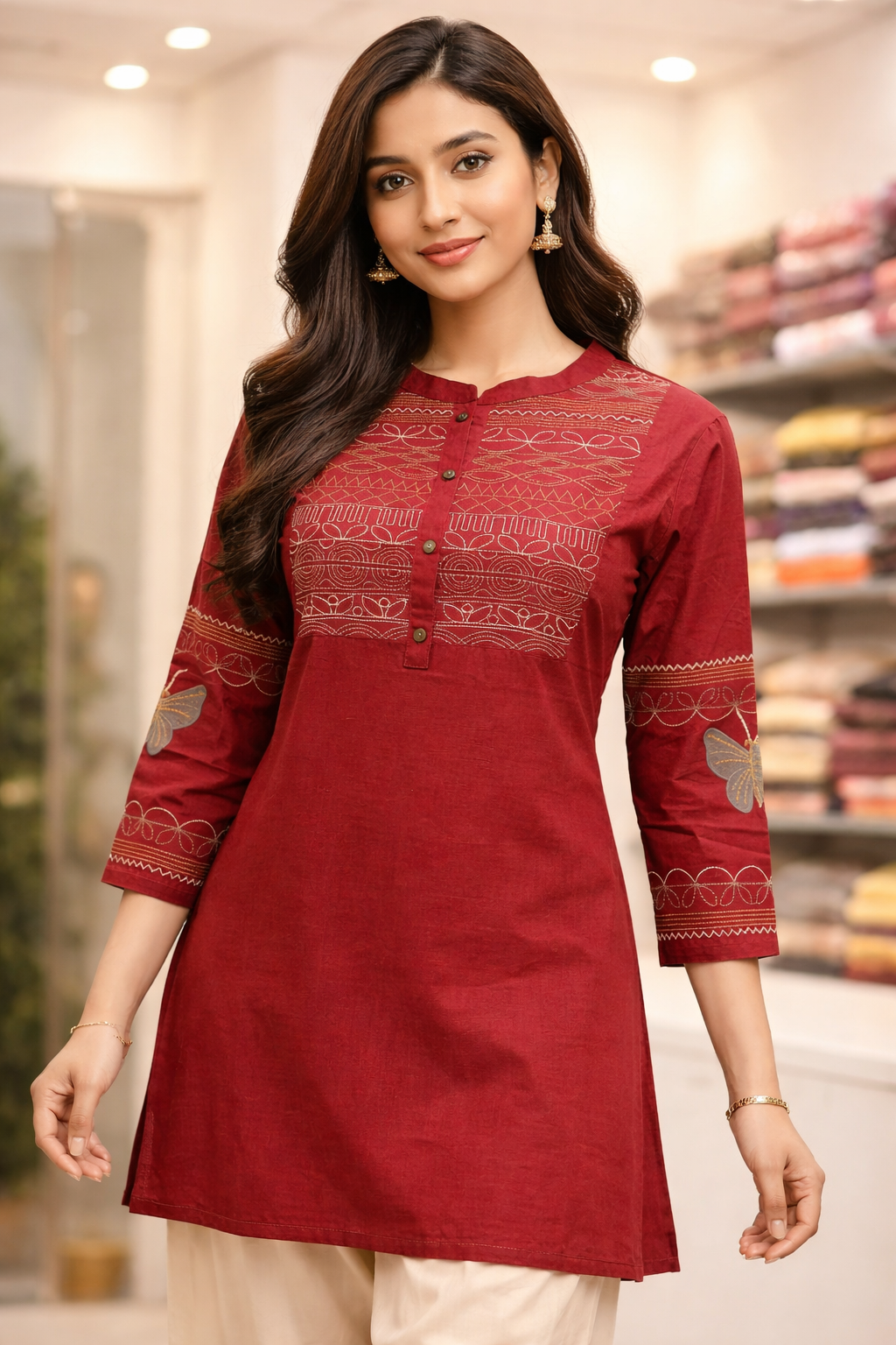 Maroon Embroidered Cotton Flex Kurti with Butterfly Sleeve Detail