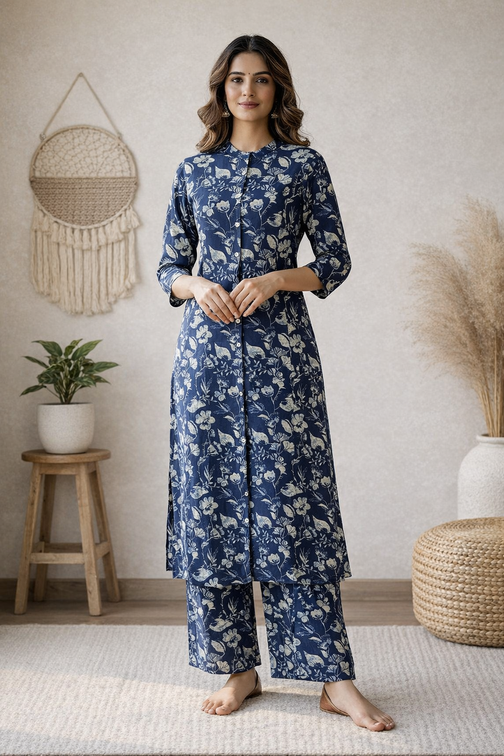 Navy Blue Floral Printed Kurta Set for Women