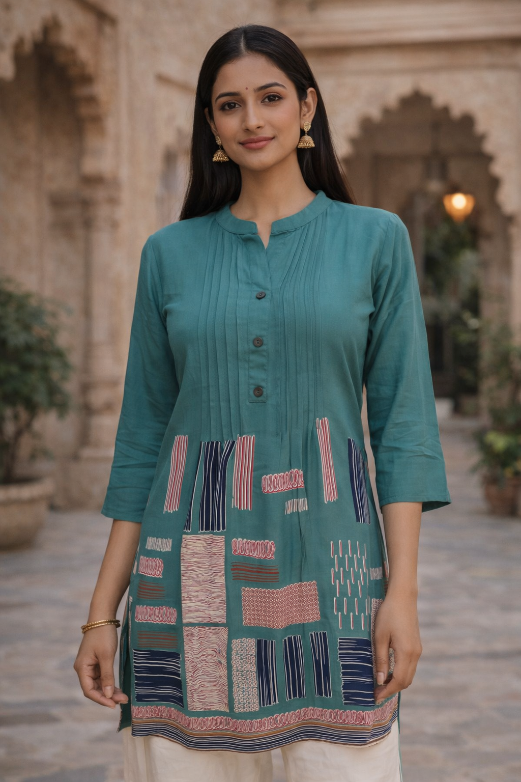 Teal Green Viscose Rayon Printed Kurti Top