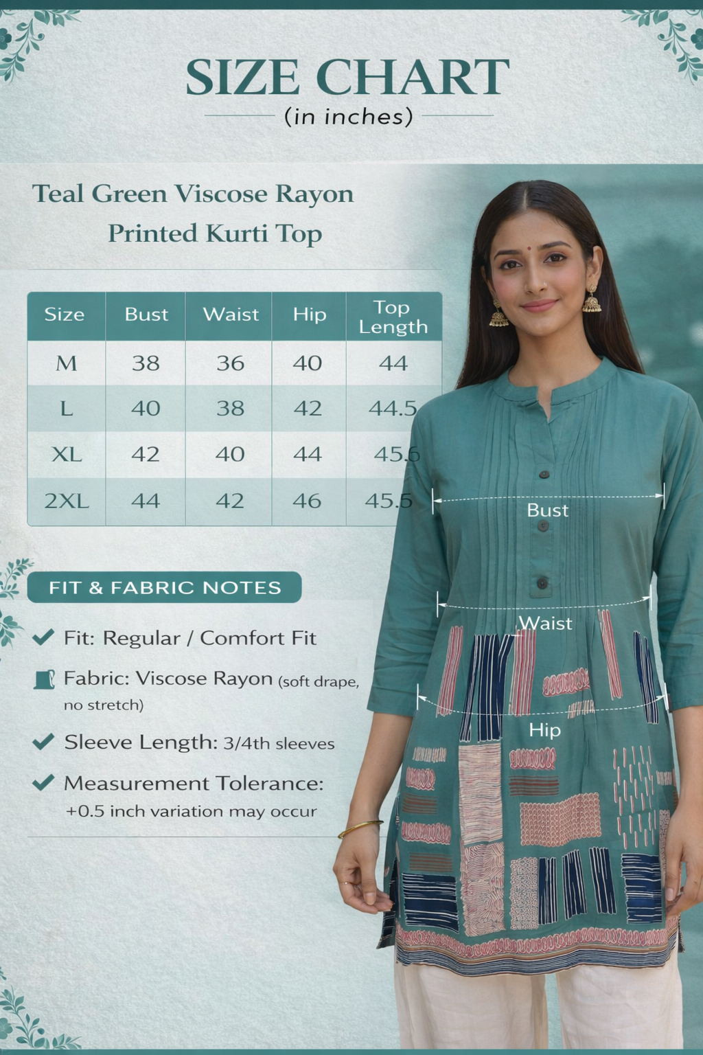 Teal Green Viscose Rayon Printed Kurti Top