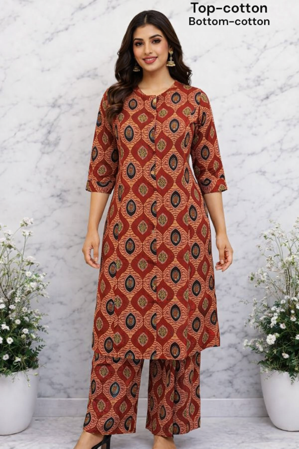 Rust Cotton Printed Kurta Set with Palazzo