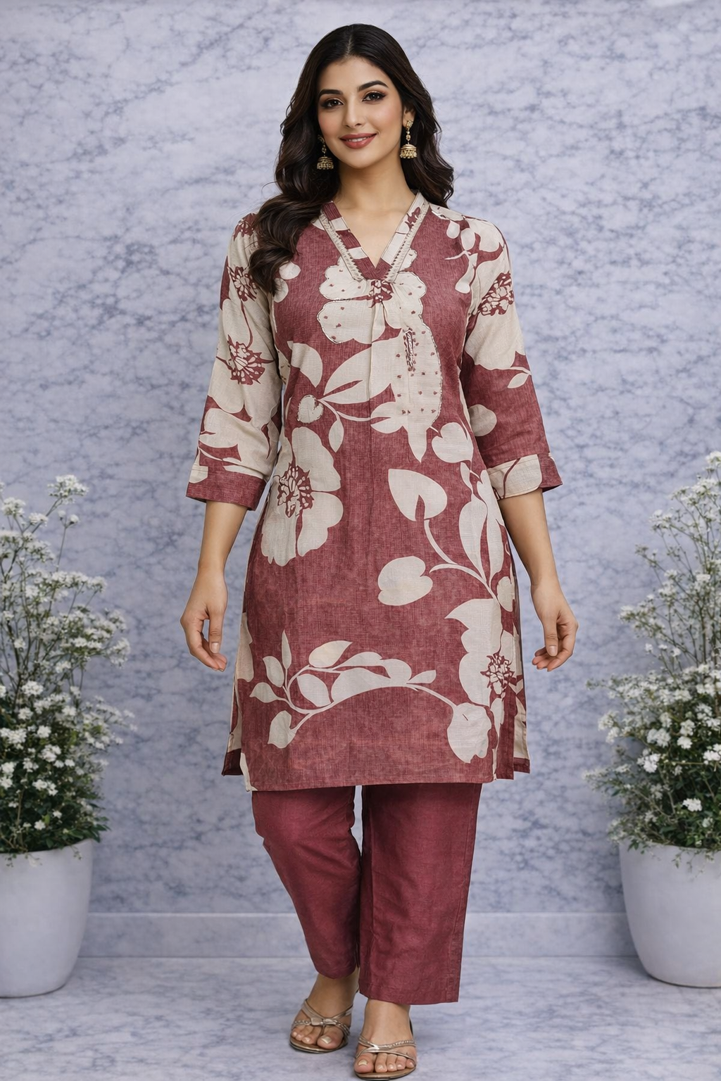 Onion pink Floral Printed Kurti Pant Set with Handwork Detailing