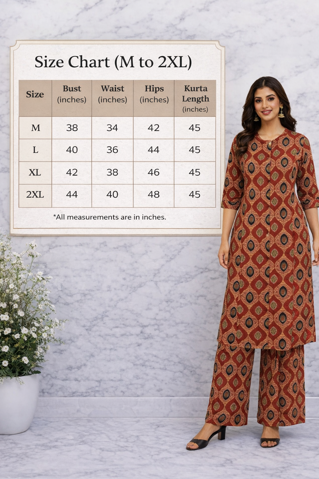 Rust Cotton Printed Kurta Set with Palazzo
