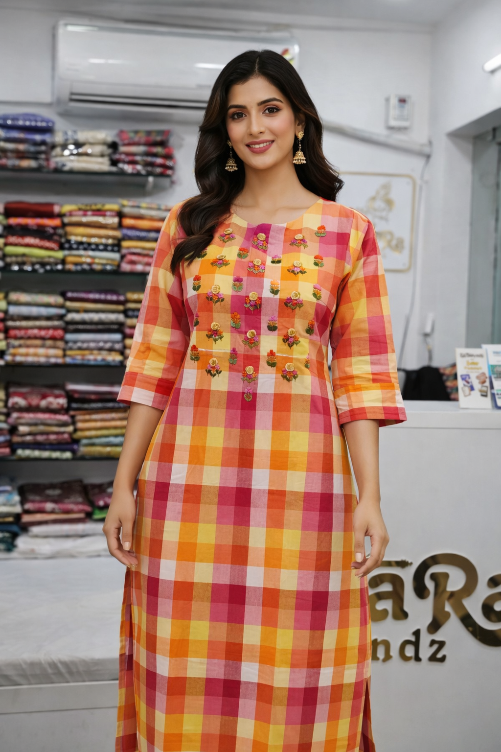 Multicolor Checkered Cotton Kurta with Floral hand Embroidery (Only Kurti)