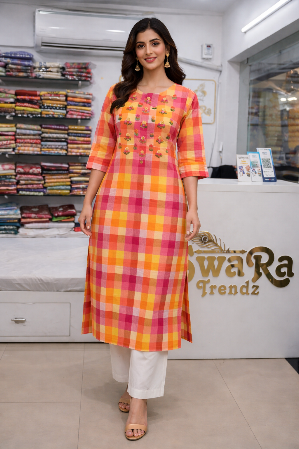 Multicolor Checkered Cotton Kurta with Floral hand Embroidery (Only Kurti)
