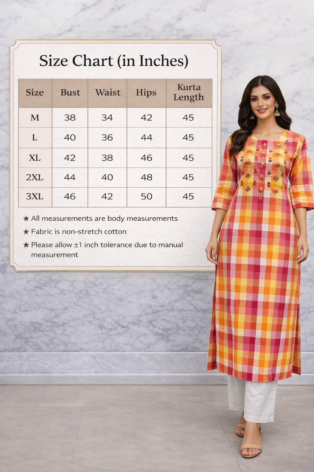Multicolor Checkered Cotton Kurta with Floral hand Embroidery (Only Kurti)