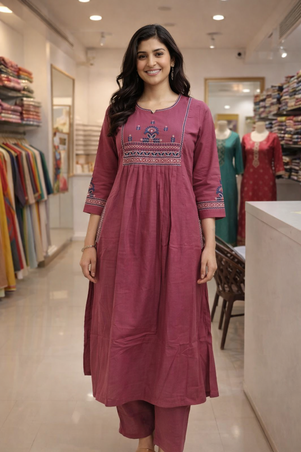Rose Pink Cotton Flex Embroidered A-Line Kurta Set