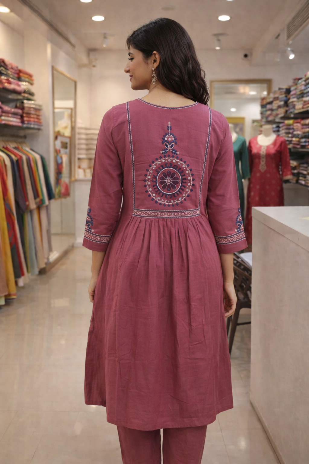 Rose Pink Cotton Flex Embroidered A-Line Kurta Set