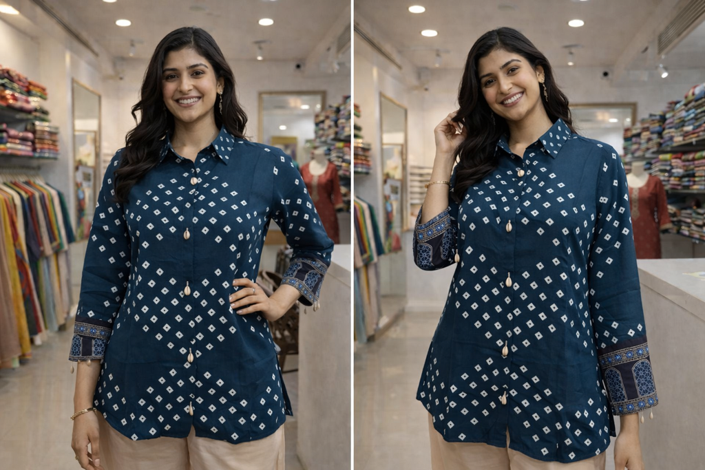 Teal Bandhani Print Designer Shirt Kurti