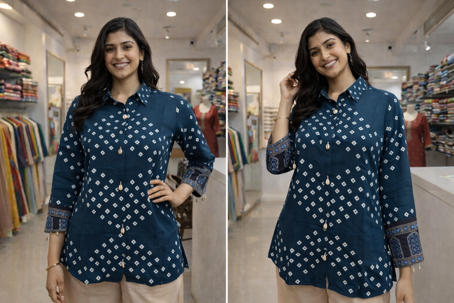 Teal Bandhani Print Designer Shirt Kurti