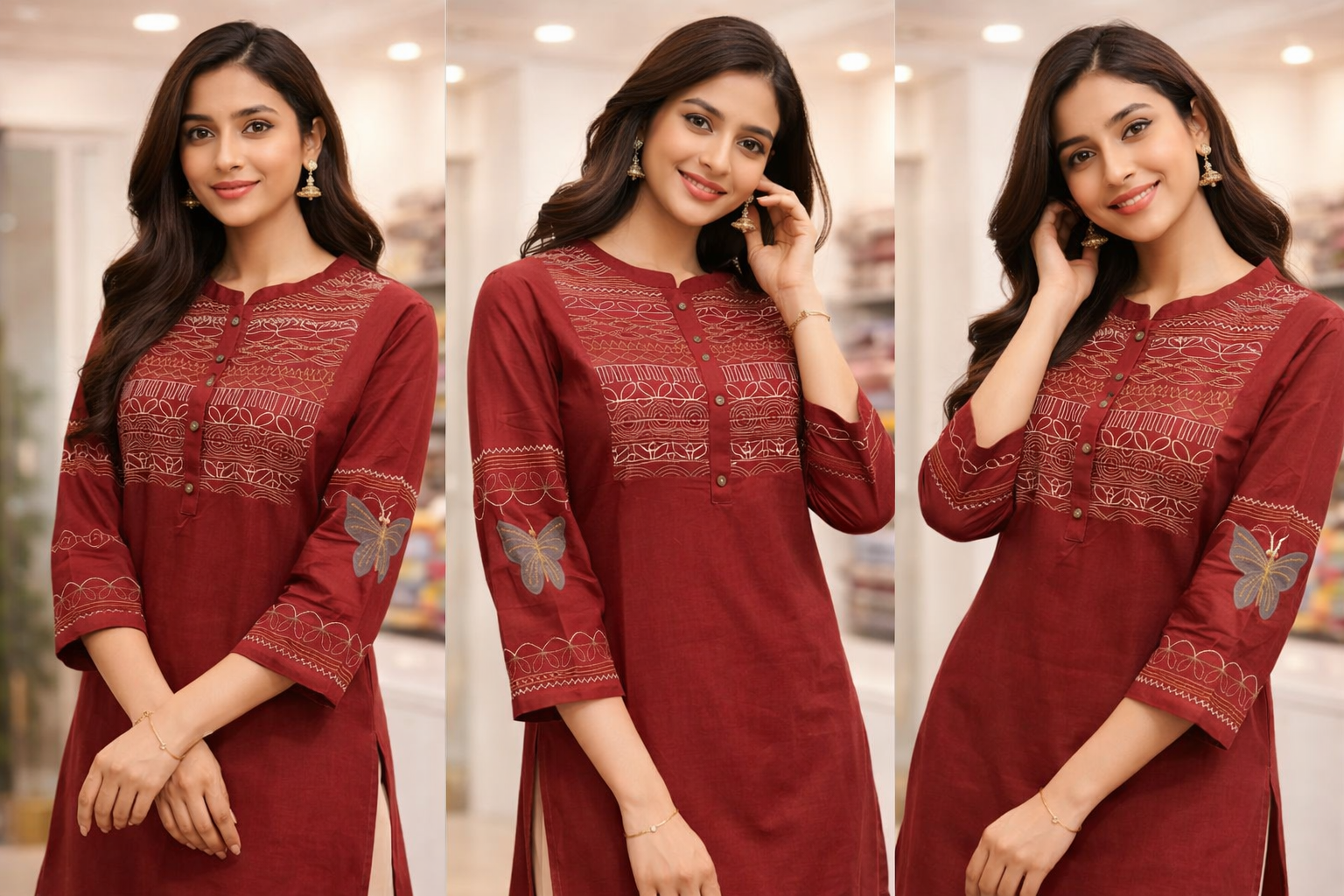 Maroon Embroidered Cotton Flex Kurti with Butterfly Sleeve Detail