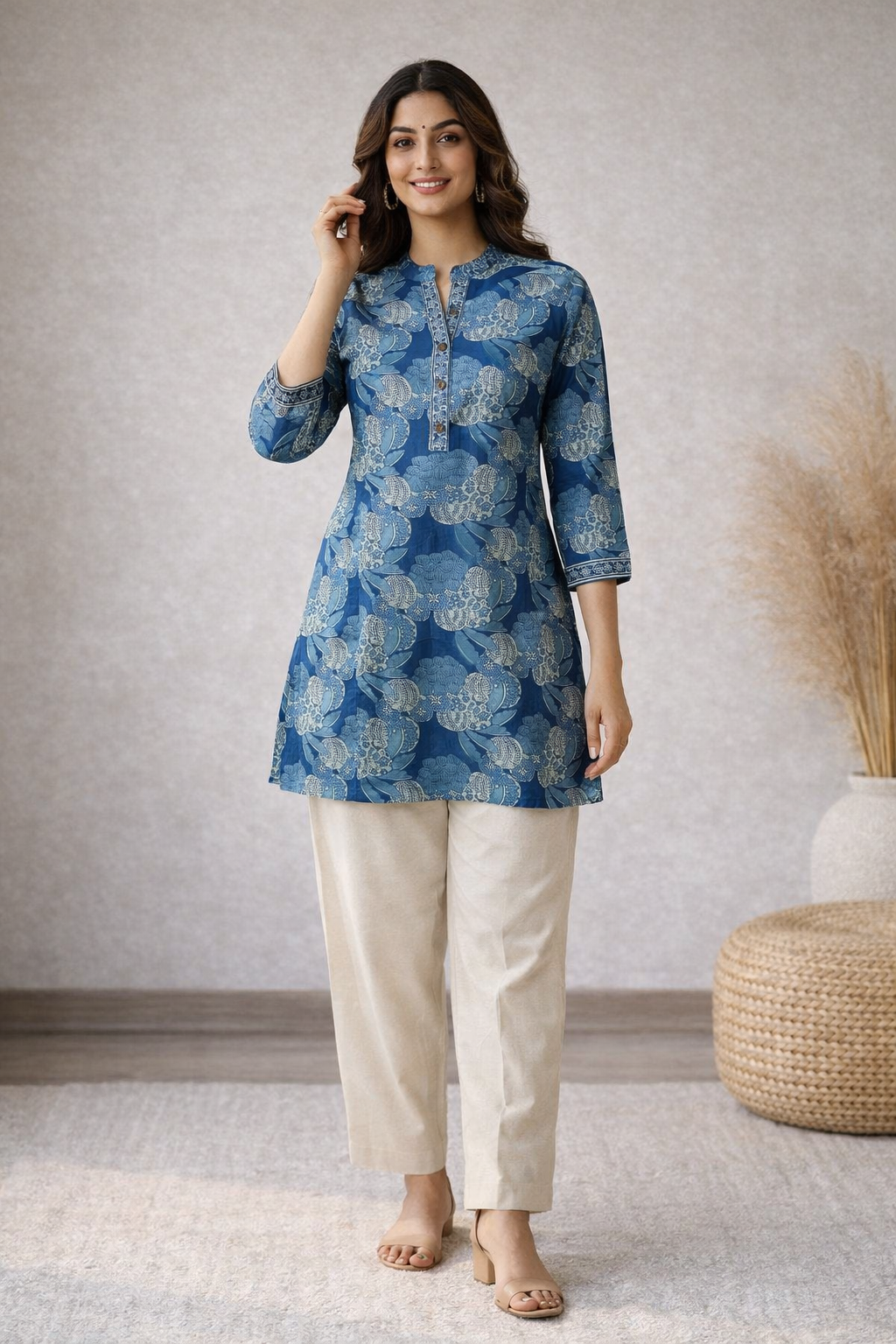 Teal Blue Floral Printed Short Kurti with Beige Pants