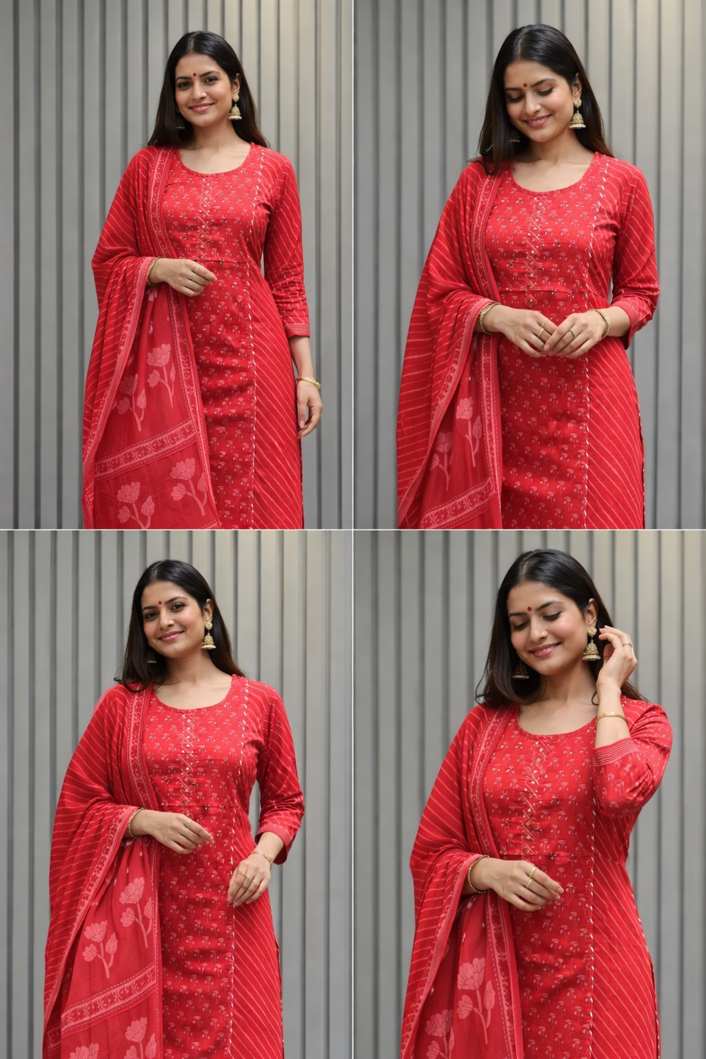Vibrant Crimson: 3-Piece Leheriya Print Cotton Kurta Set