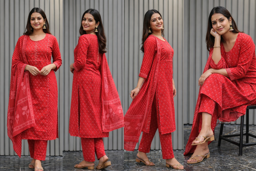 Vibrant Crimson: 3-Piece Leheriya Print Cotton Kurta Set