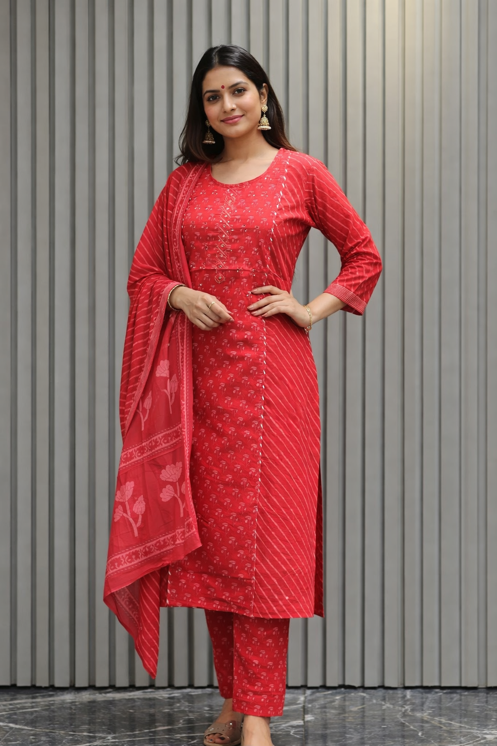 Vibrant Crimson: 3-Piece Leheriya Print Cotton Kurta Set