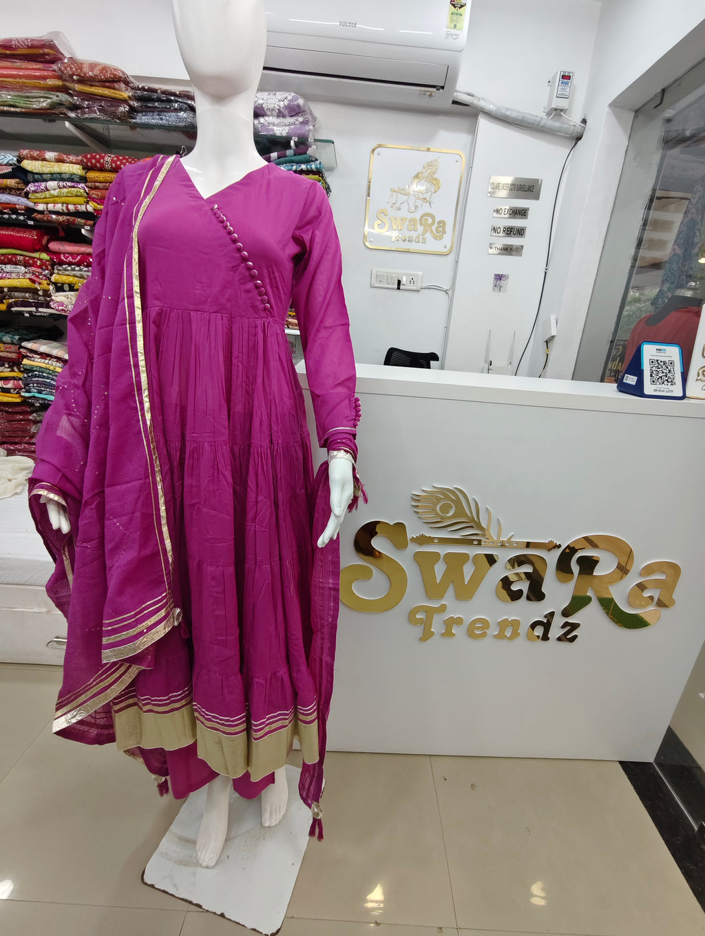 Magenta Flared Anarkali Kurti Set with Dupatta & Pants