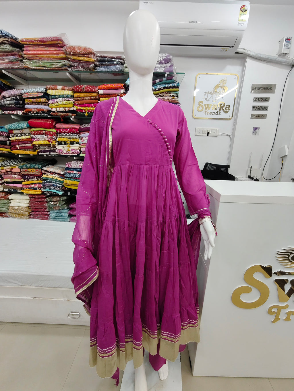 Magenta Flared Anarkali Kurti Set with Dupatta & Pants