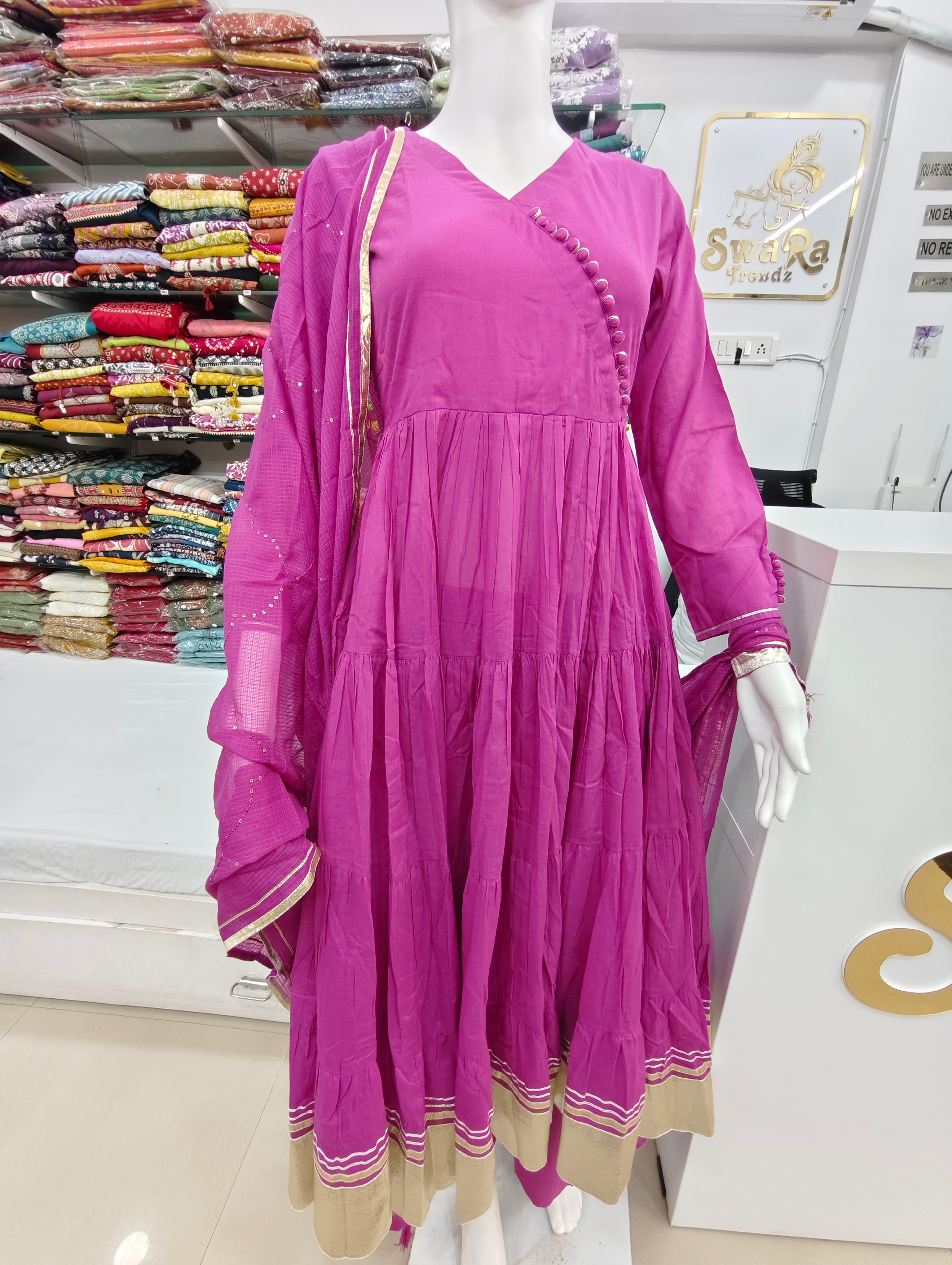 Magenta Flared Anarkali Kurti Set with Dupatta & Pants
