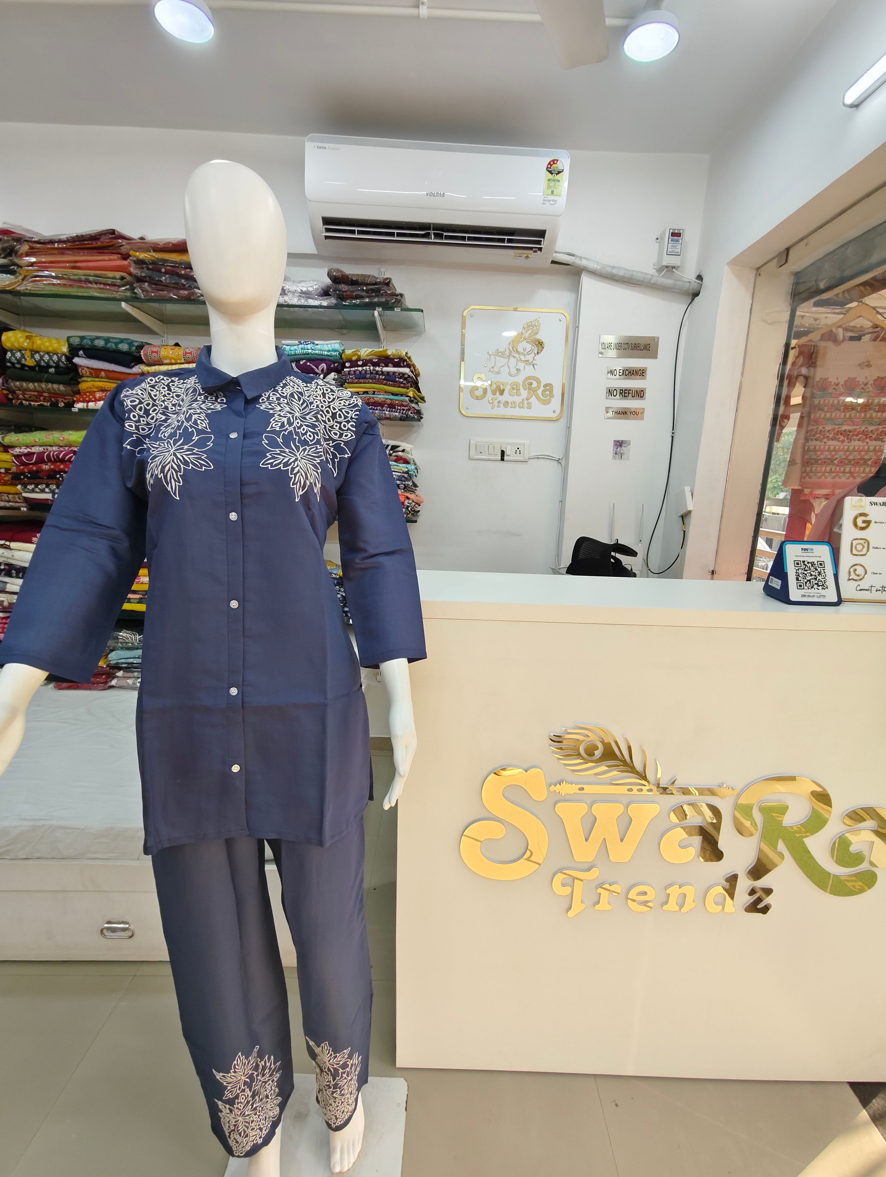 Navy Blue Embroidered Kurti Pant Co-Ord Set