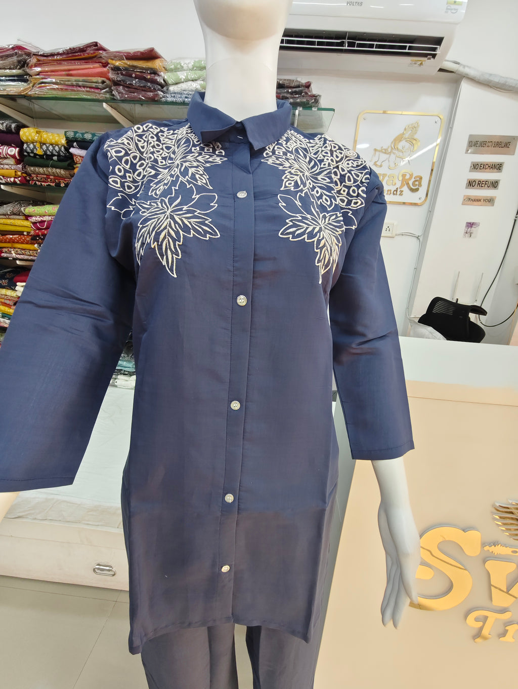 Navy Blue Embroidered Kurti Pant Co-Ord Set