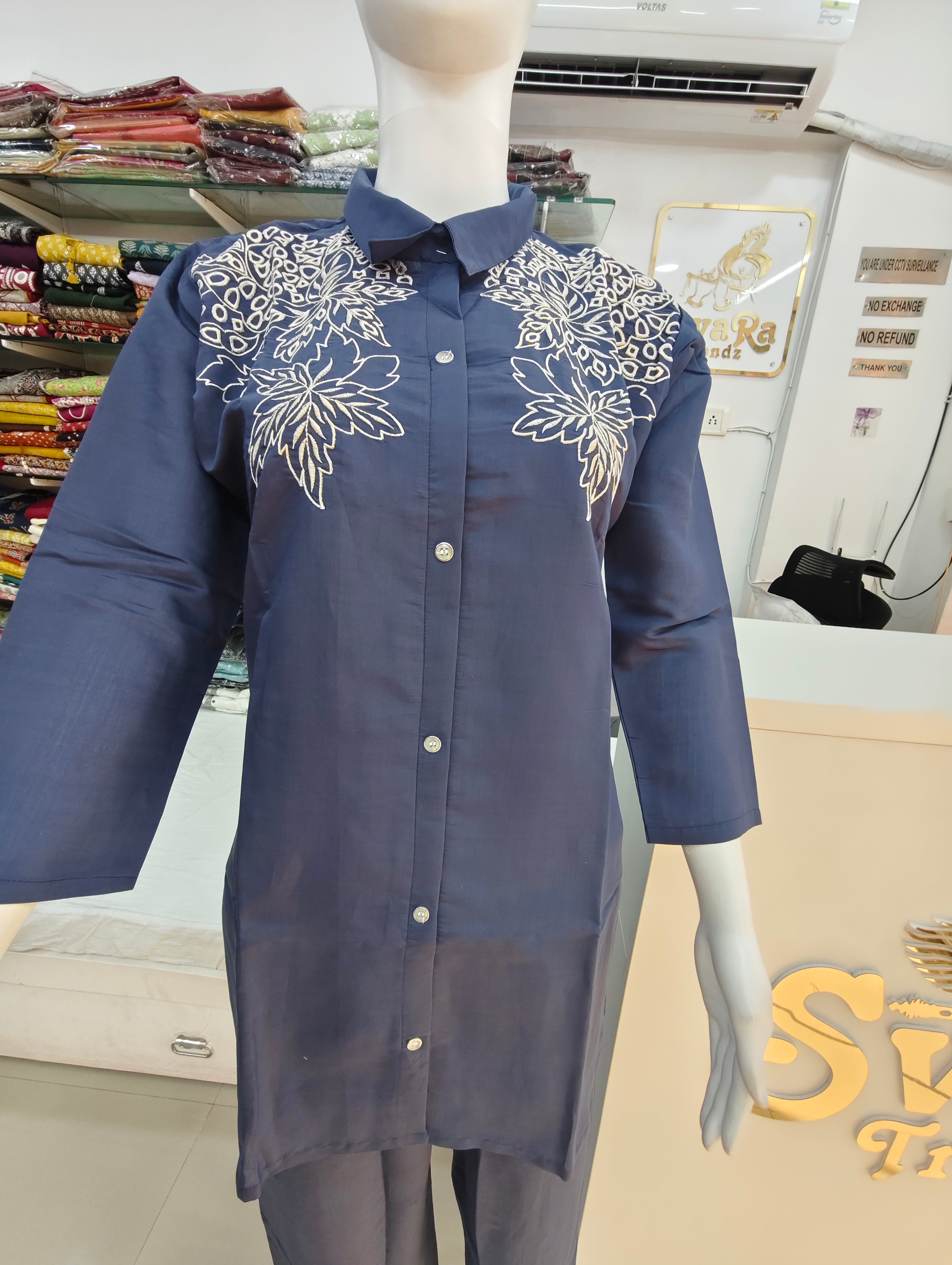 Navy Blue Embroidered Kurti Pant Co-Ord Set
