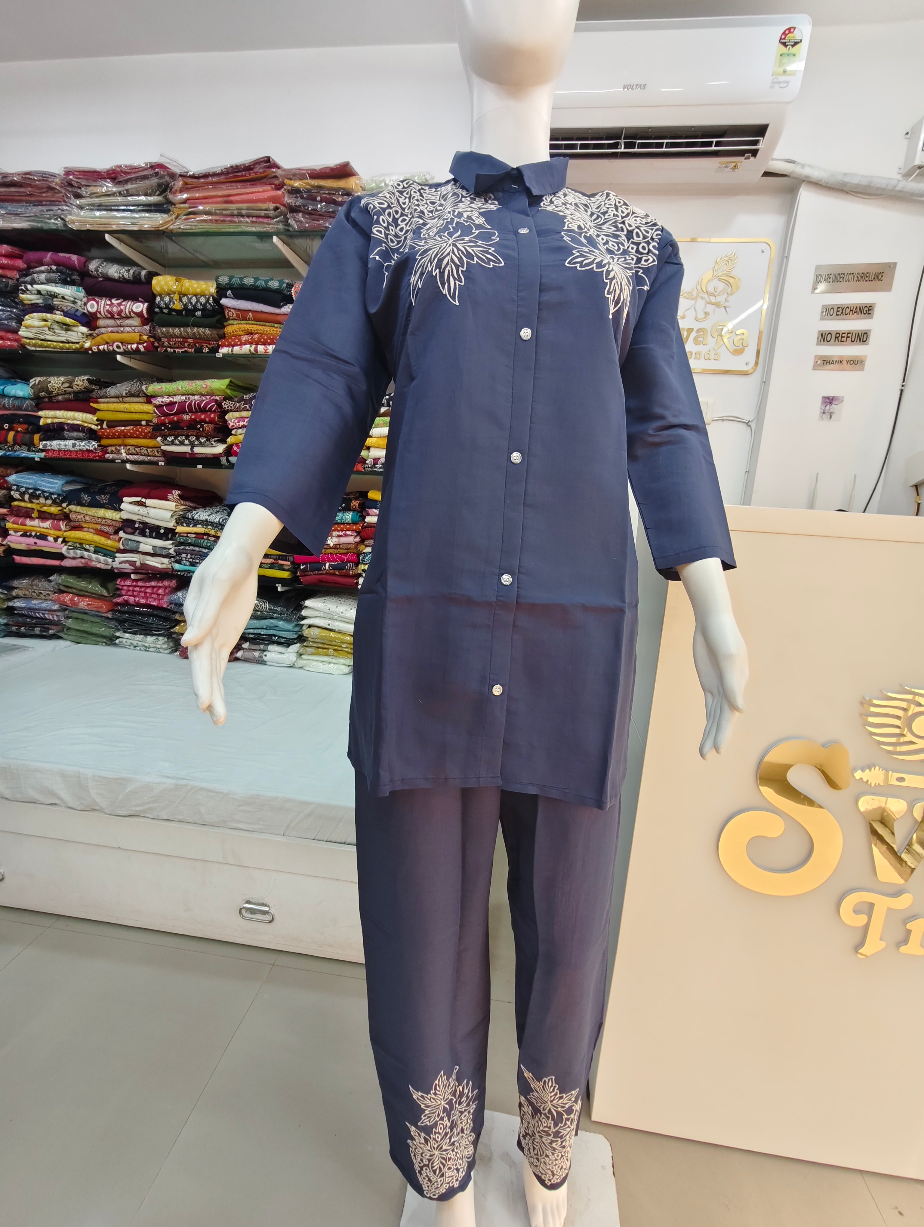 Navy Blue Embroidered Kurti Pant Co-Ord Set