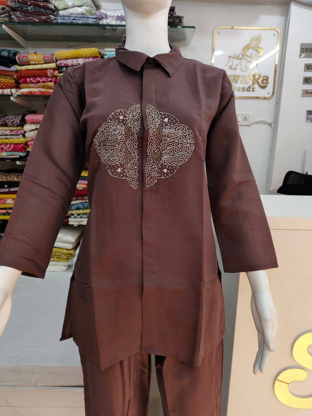 Mocha Brown Embroidered Kurti Pant Co-Ord Set