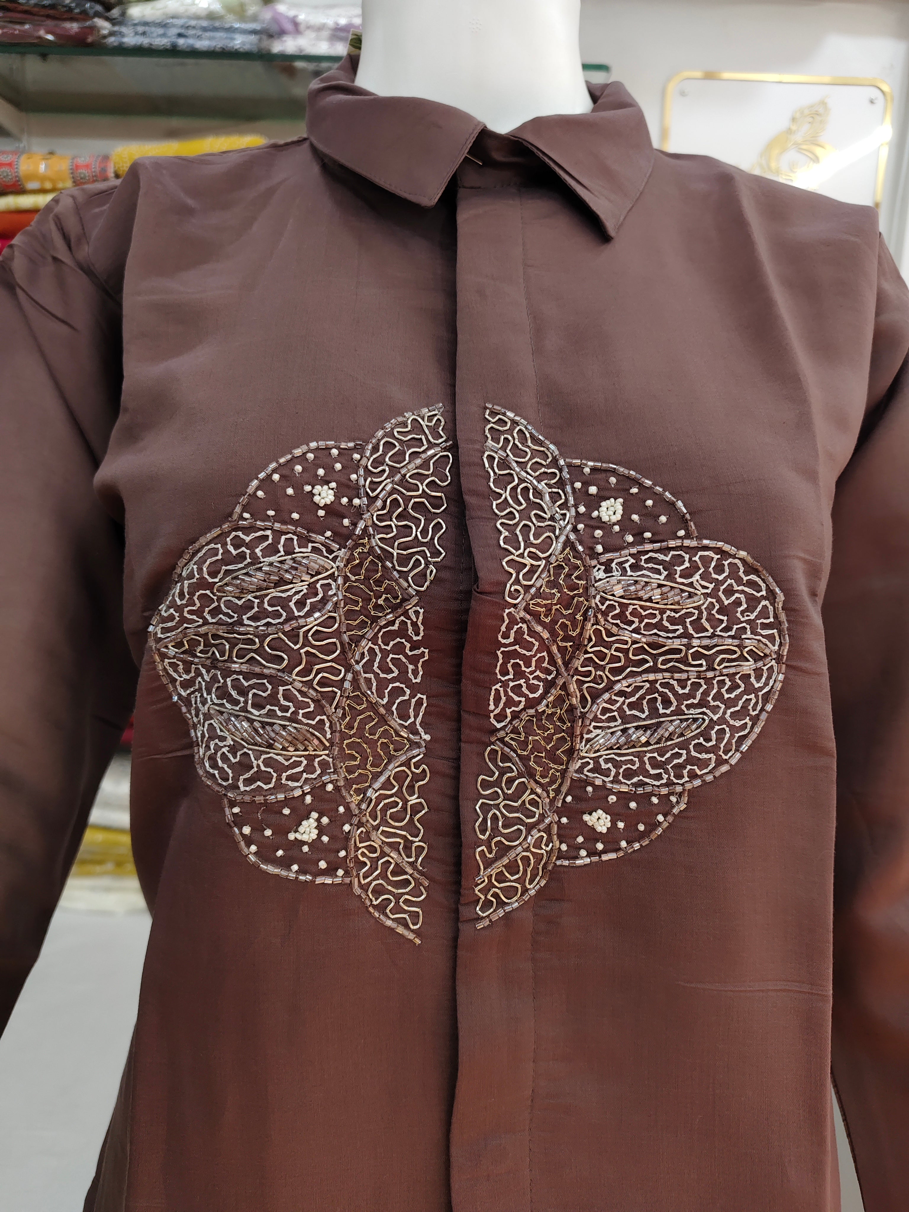 Mocha Brown Embroidered Kurti Pant Co-Ord Set