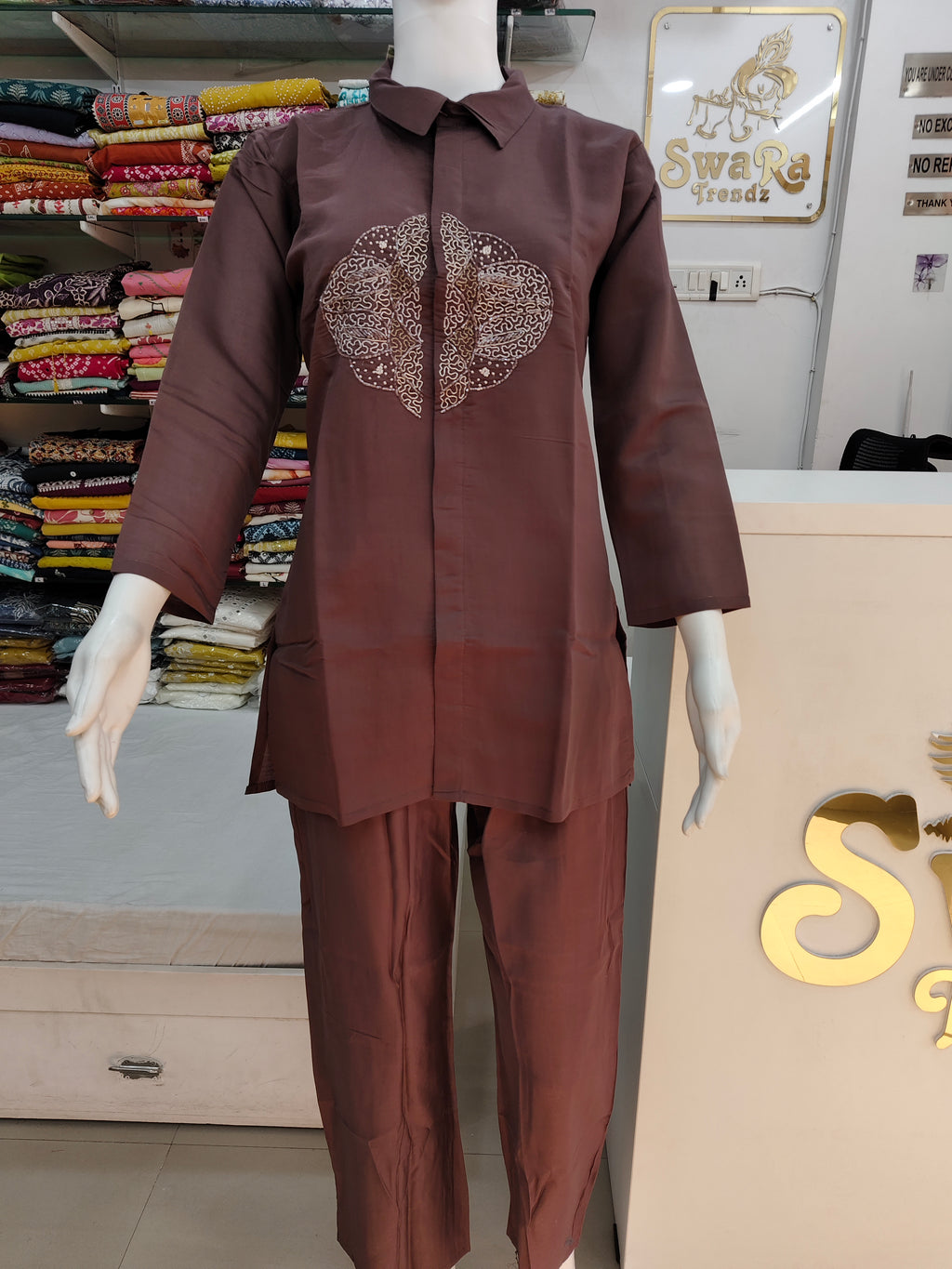 Mocha Brown Embroidered Kurti Pant Co-Ord Set