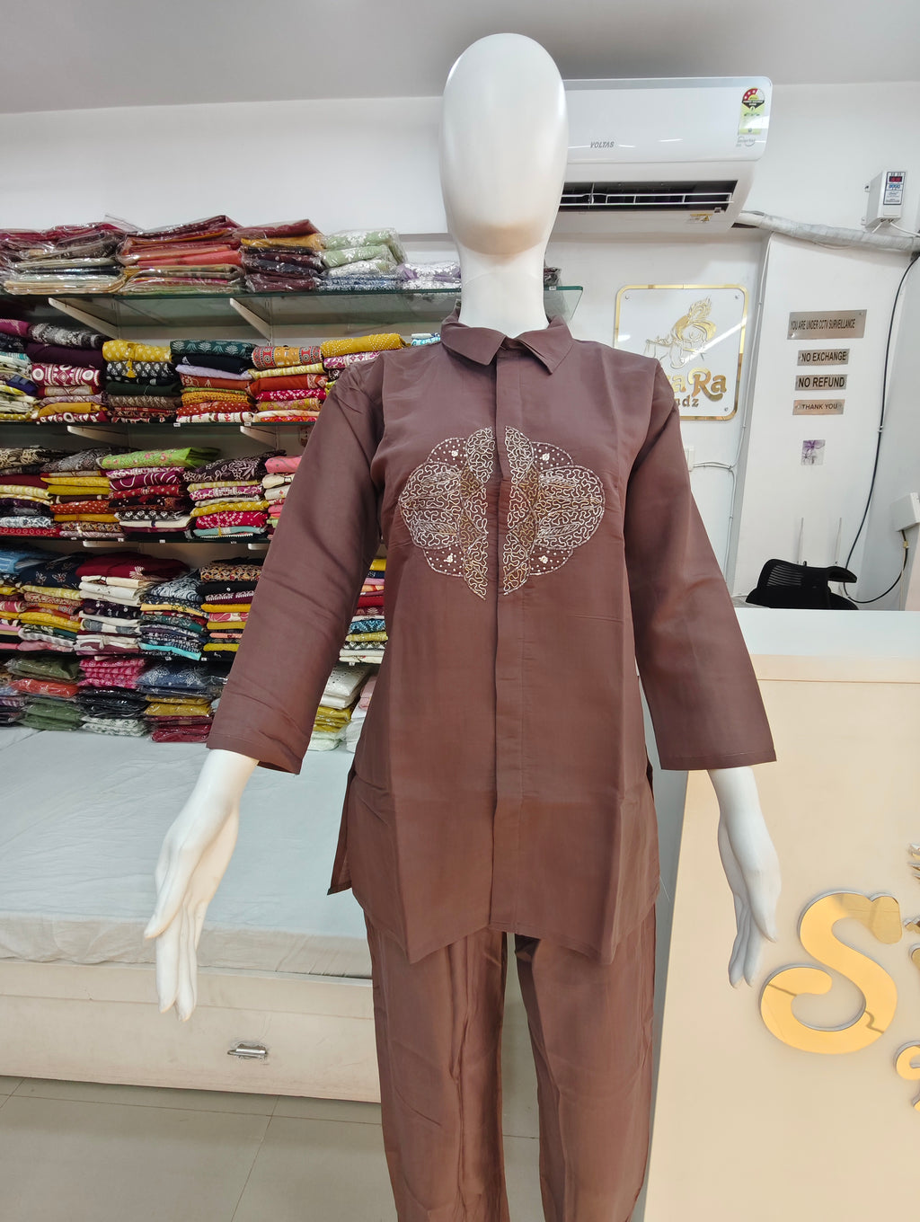 Mocha Brown Embroidered Kurti Pant Co-Ord Set