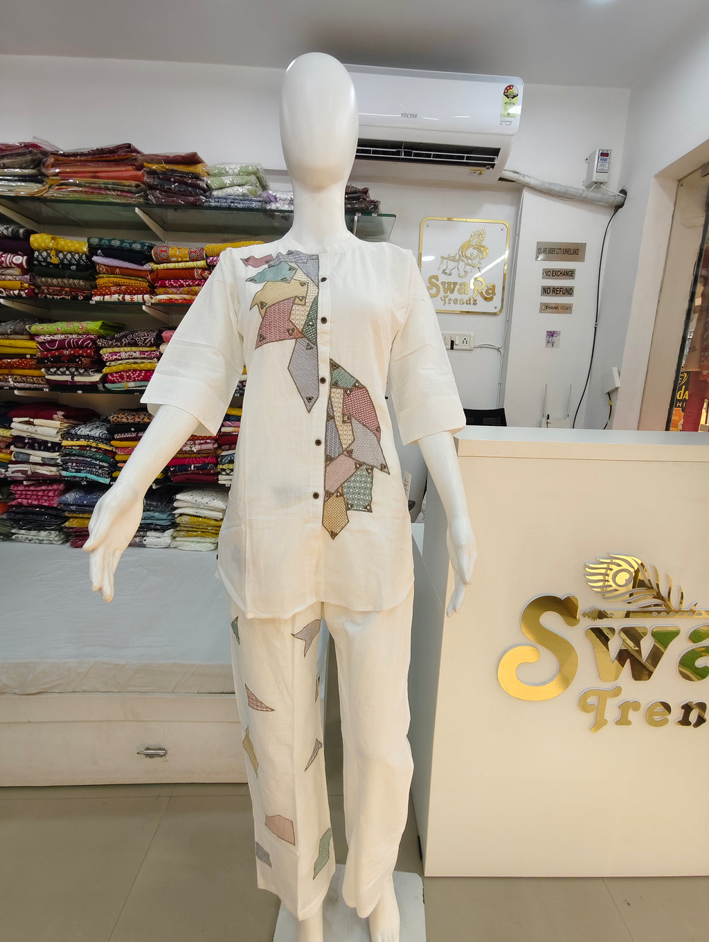 Viscose Cotton Applique Shirt Pant Set – Off White