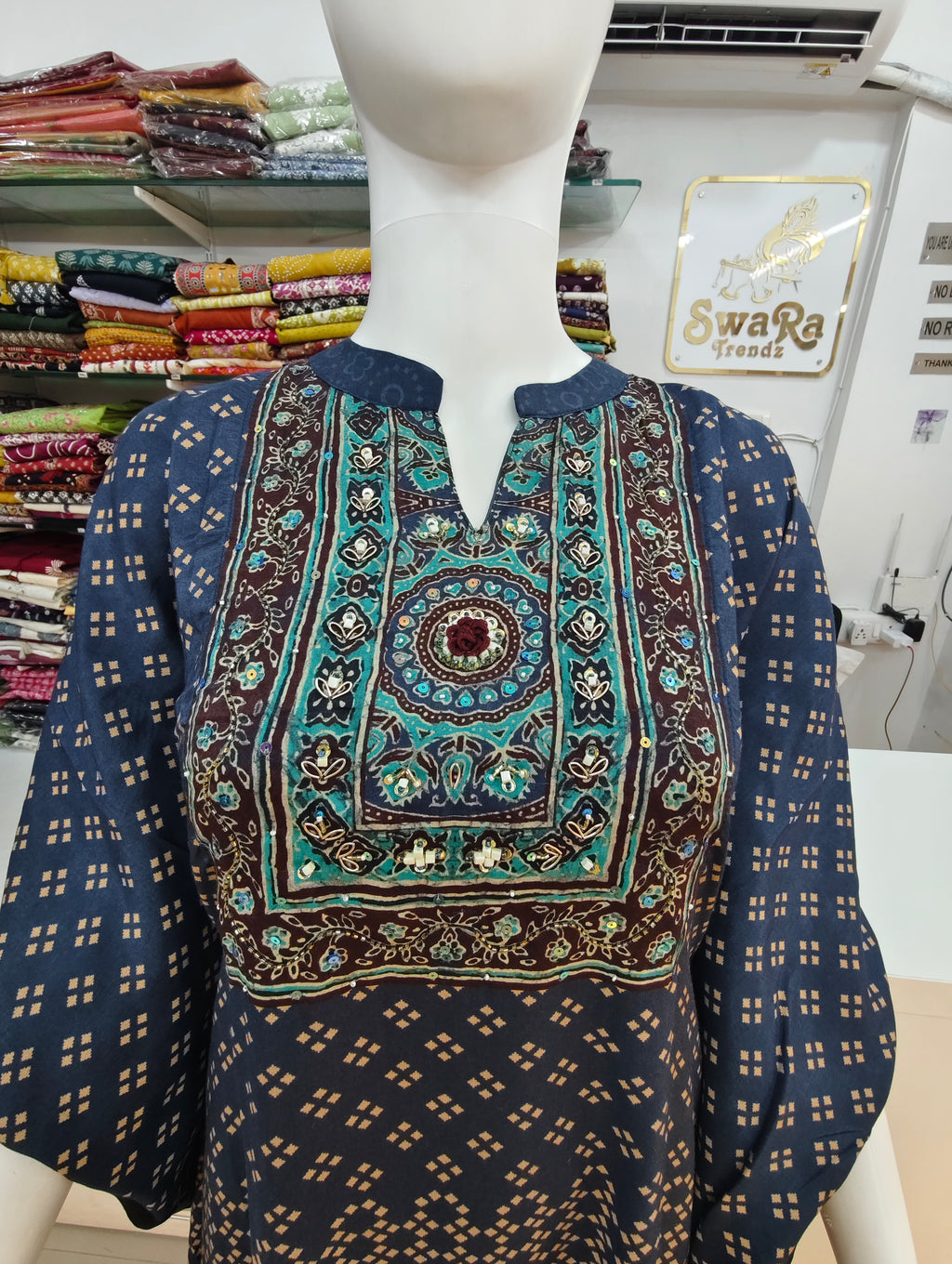 Navy Blue Malabar Silk Kurti Palazzo Set