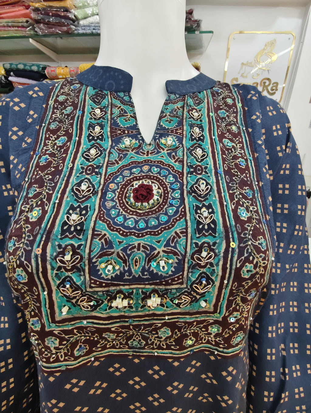 Navy Blue Malabar Silk Kurti Palazzo Set