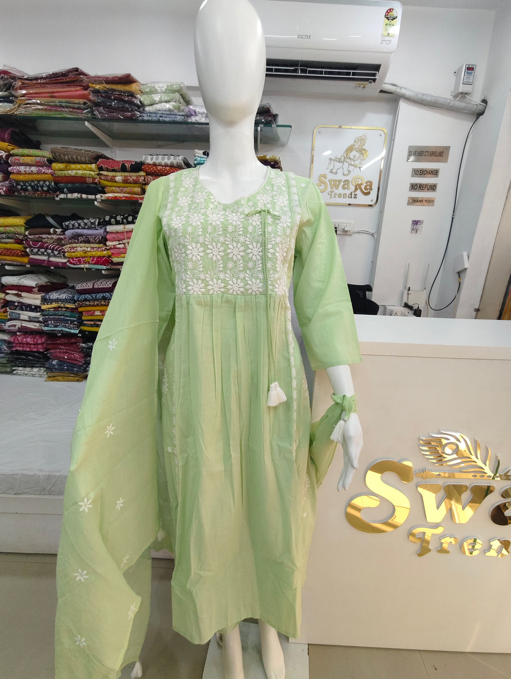 Mint Green Lucknowi Embroidered Mul Cotton Kurti Set with Dupatta