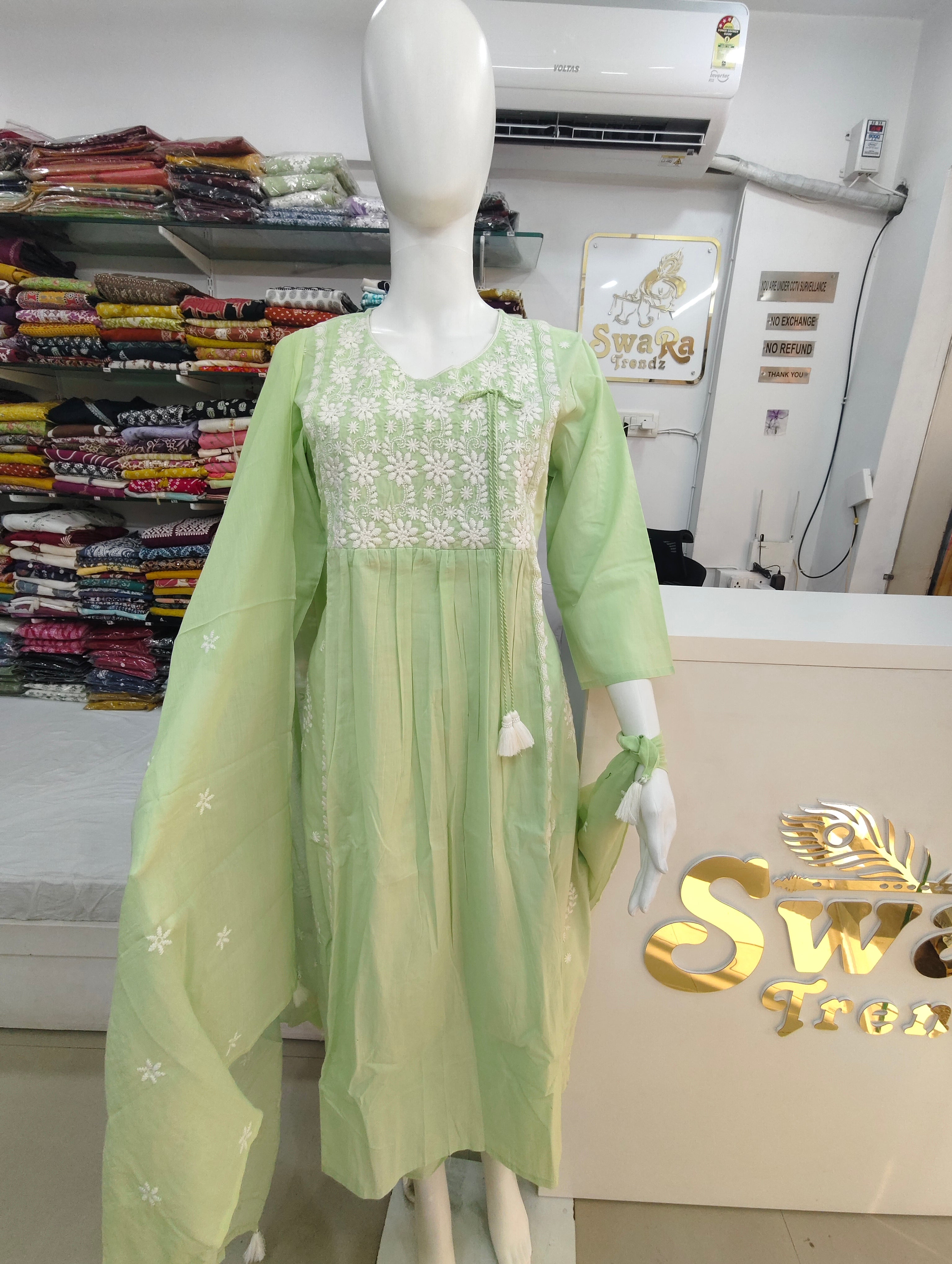 Mint Green Lucknowi Embroidered Mul Cotton Kurti Set with Dupatta