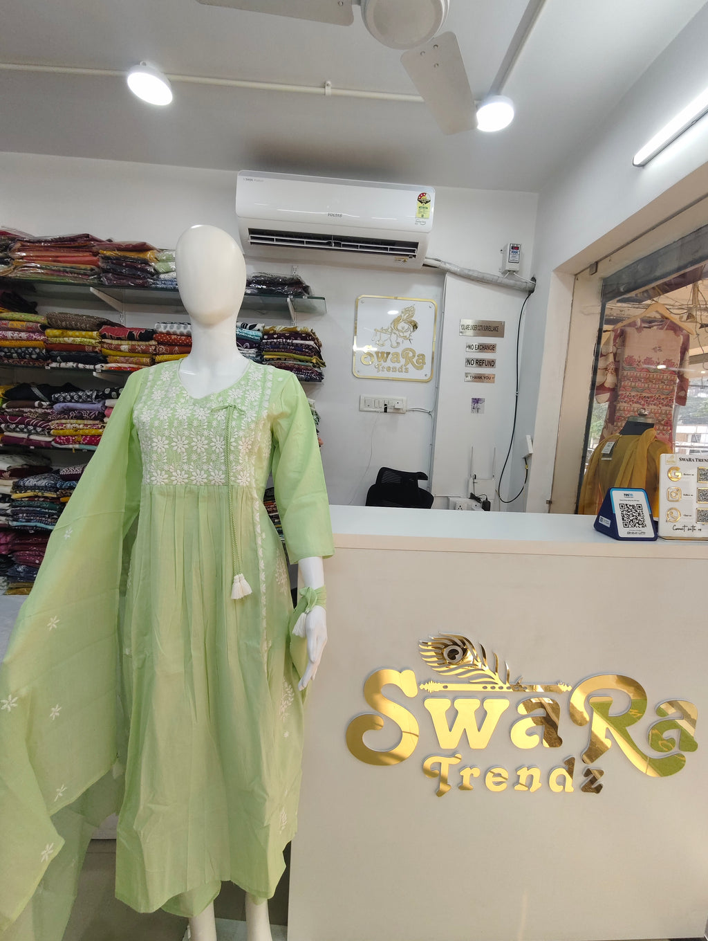 Mint Green Lucknowi Embroidered Mul Cotton Kurti Set with Dupatta