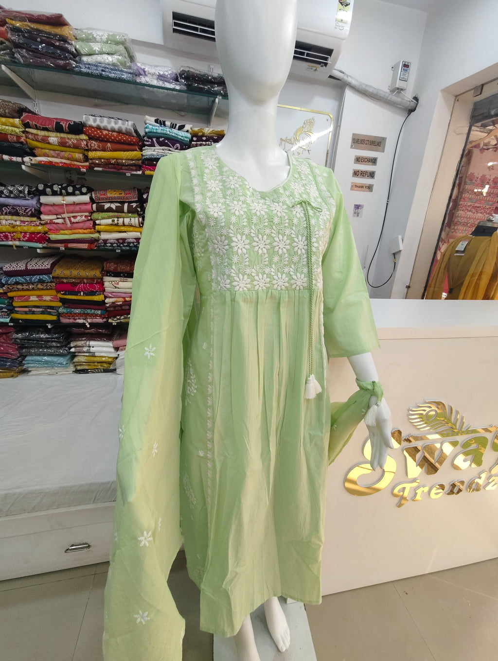 Mint Green Lucknowi Embroidered Mul Cotton Kurti Set with Dupatta