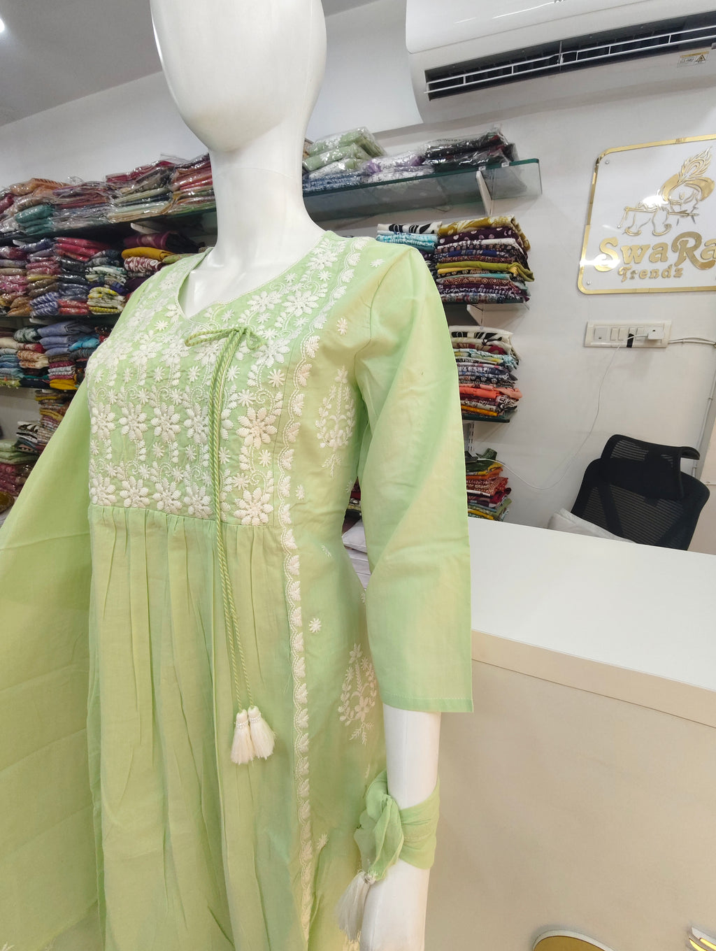 Mint Green Lucknowi Embroidered Mul Cotton Kurti Set with Dupatta