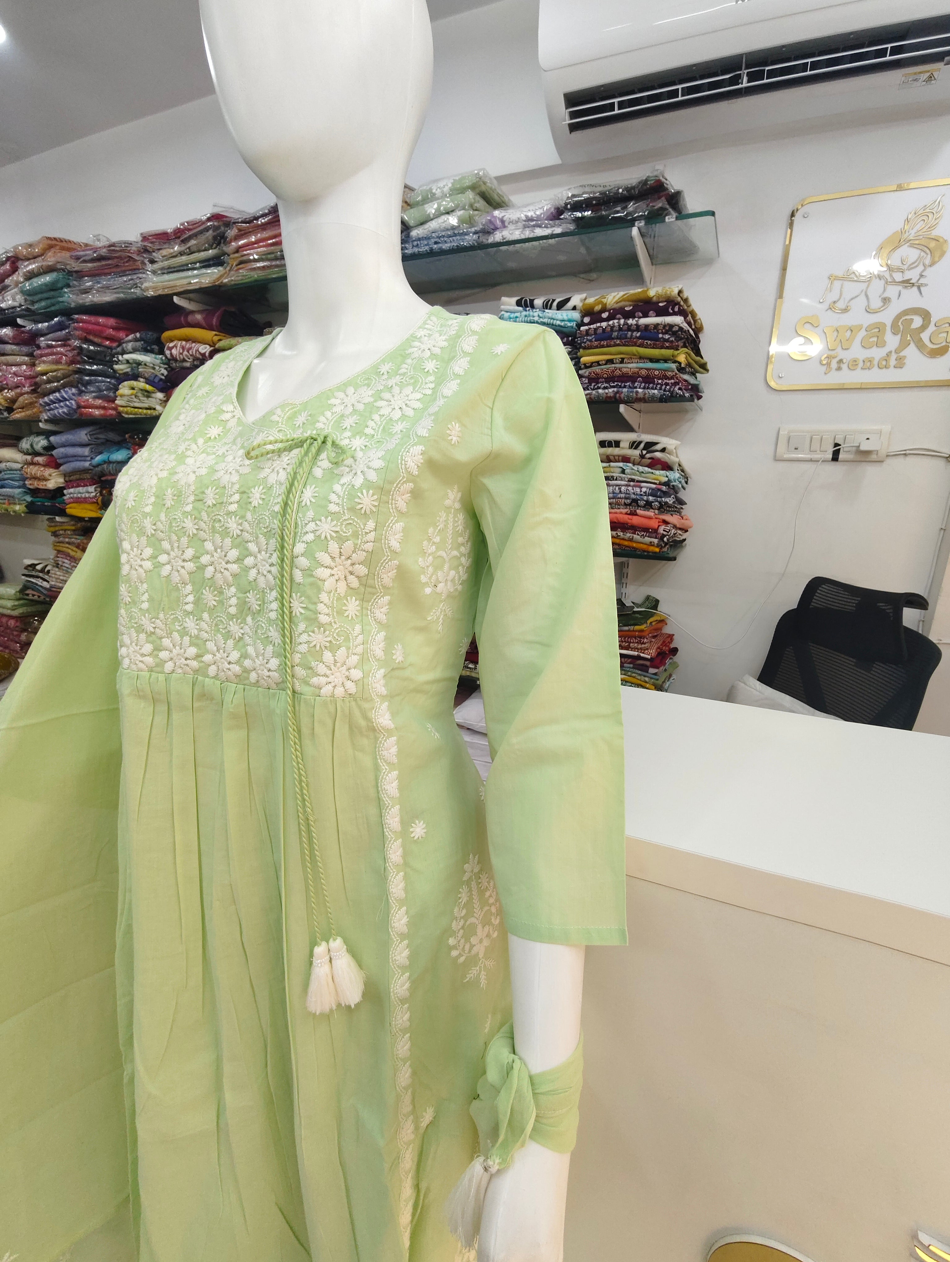 Mint Green Lucknowi Embroidered Mul Cotton Kurti Set with Dupatta