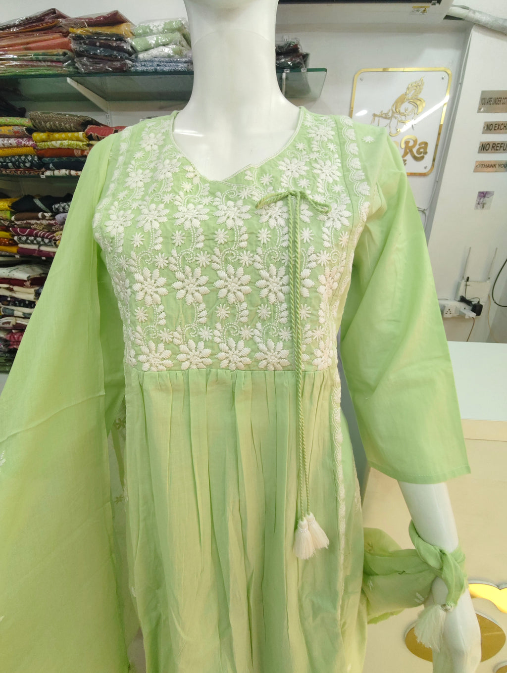 Mint Green Lucknowi Embroidered Mul Cotton Kurti Set with Dupatta