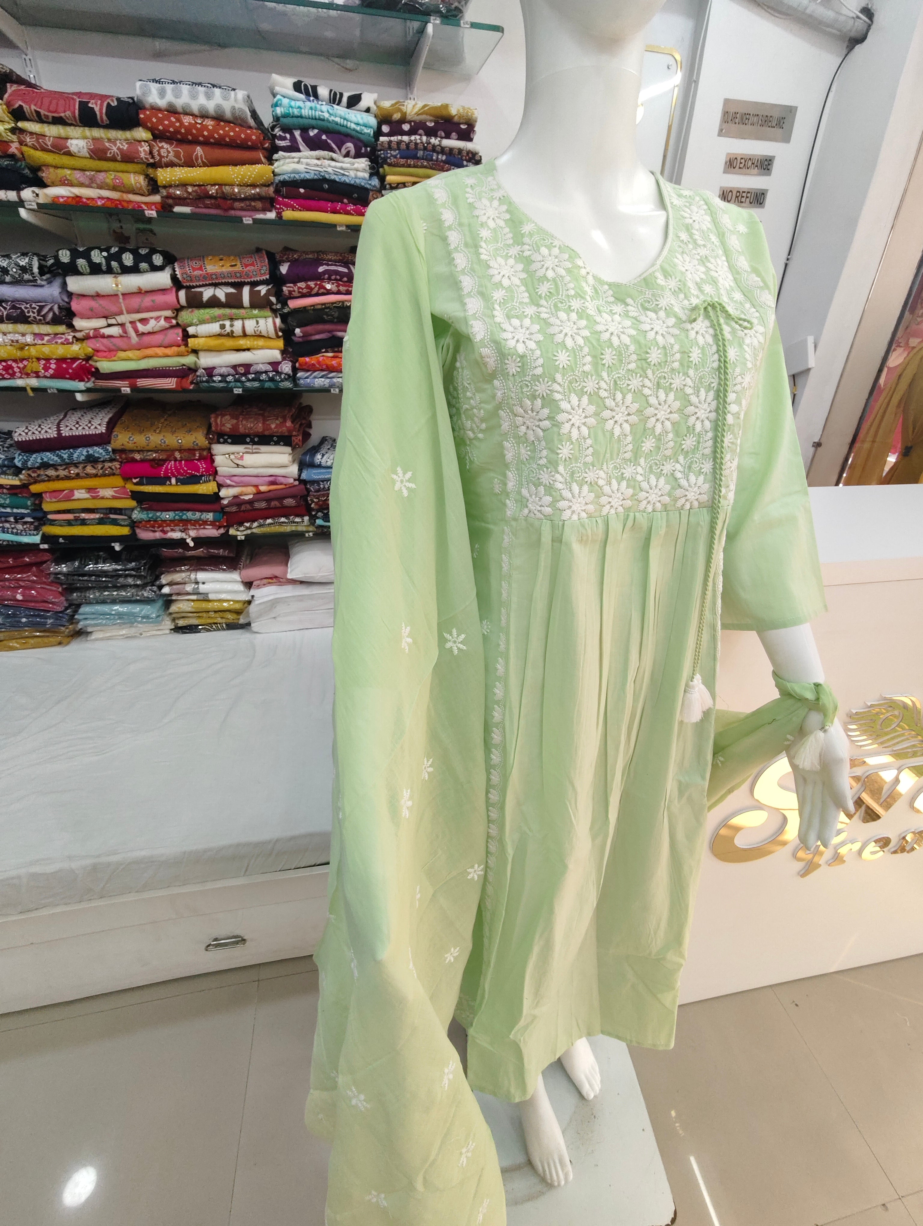 Mint Green Lucknowi Embroidered Mul Cotton Kurti Set with Dupatta
