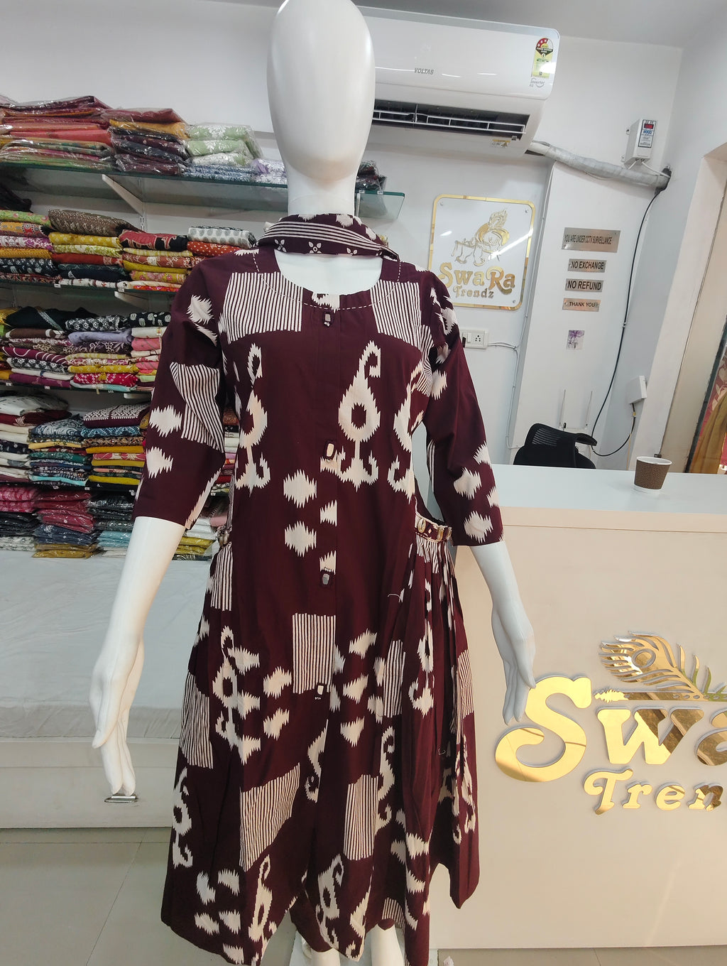 Maroon Ikat Print Flared Kurti with Neck Tie Detail pant and dupatta