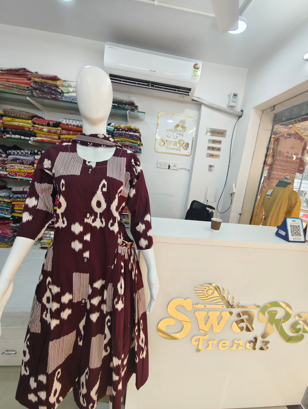 Maroon Ikat Print Flared Kurti with Neck Tie Detail pant and dupatta