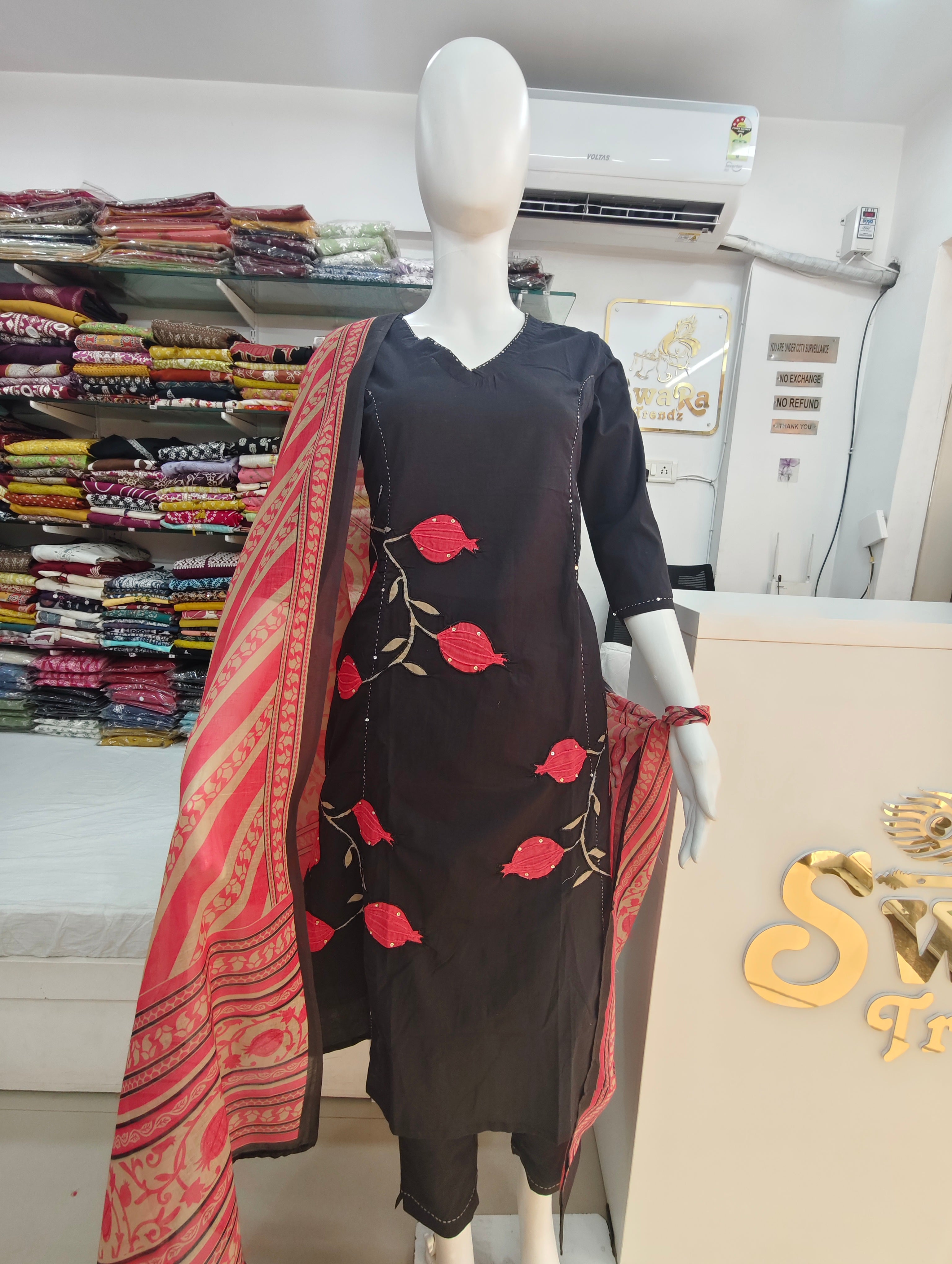 Black Embroidered and Applique Work Kurti Set with Contrast Dupatta & Pants