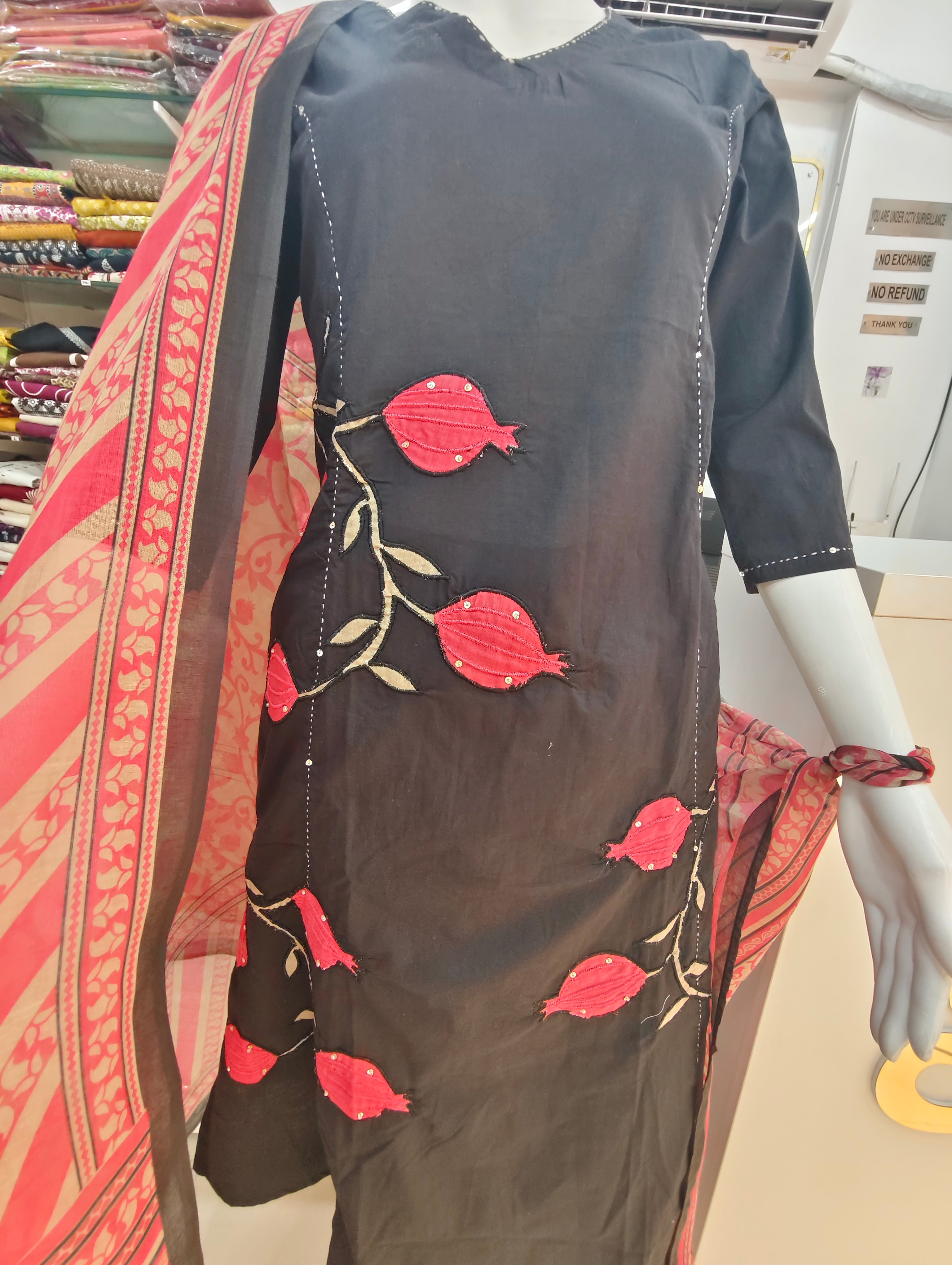 Black Embroidered and Applique Work Kurti Set with Contrast Dupatta & Pants