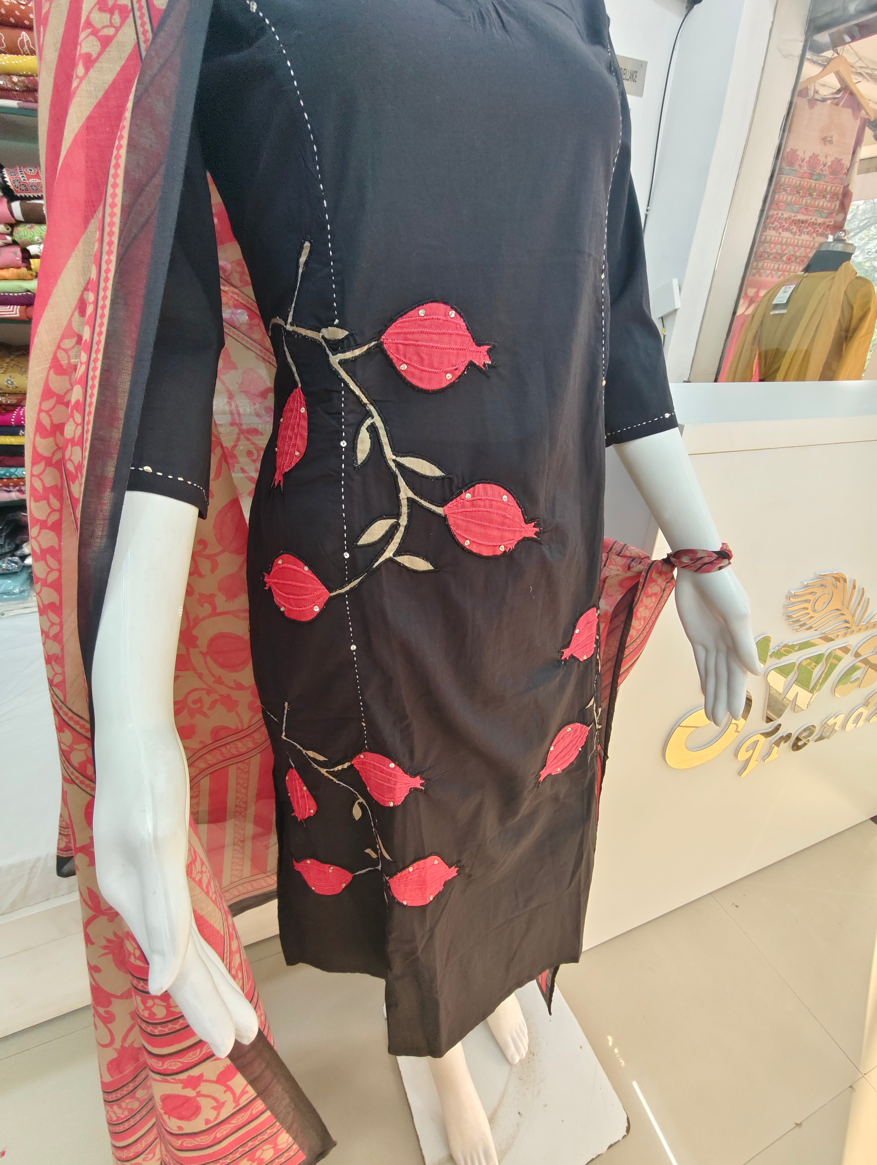 Black Embroidered and Applique Work Kurti Set with Contrast Dupatta & Pants